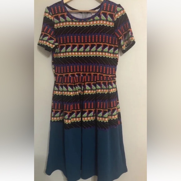 Lularoe Amelia zip back dress colorful print with colorblock hem L - Picture 1 of 3